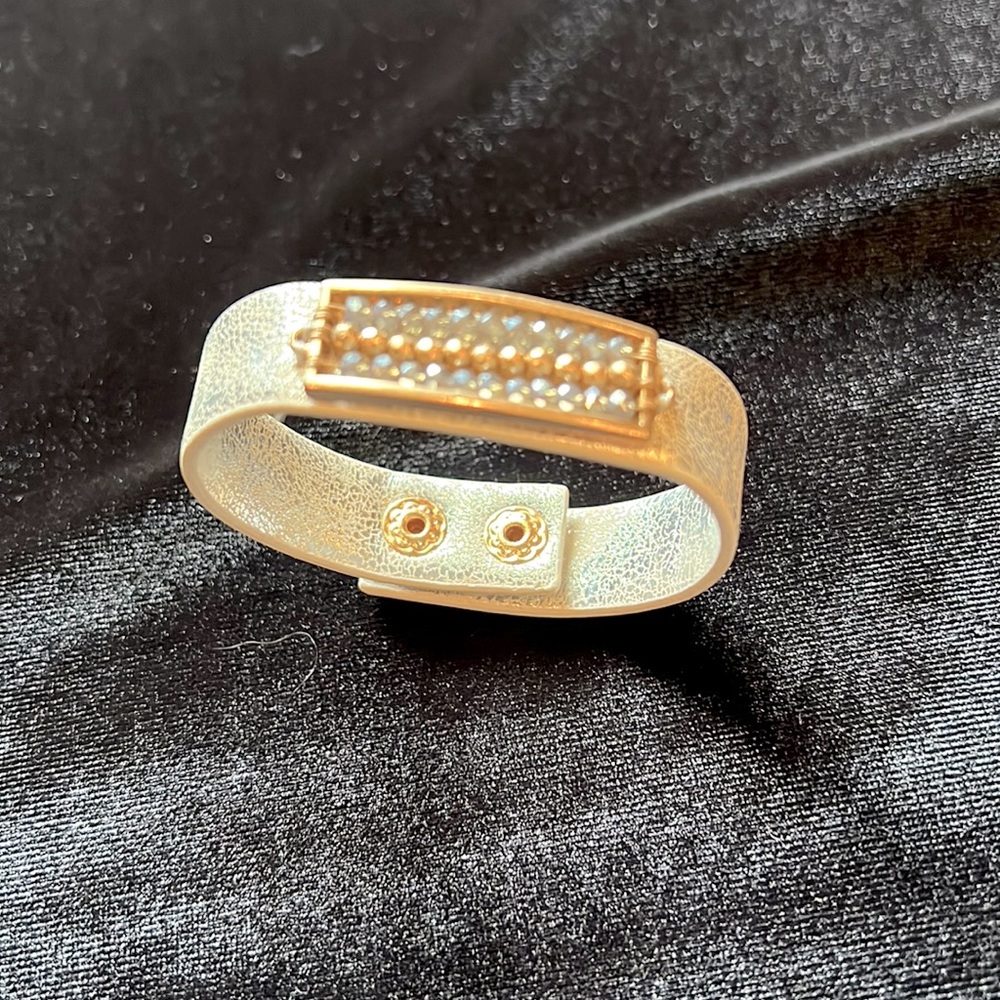 Bead and Faux Leather Bracelet with Two Adjustable Snaps on the Ends; Never Worn